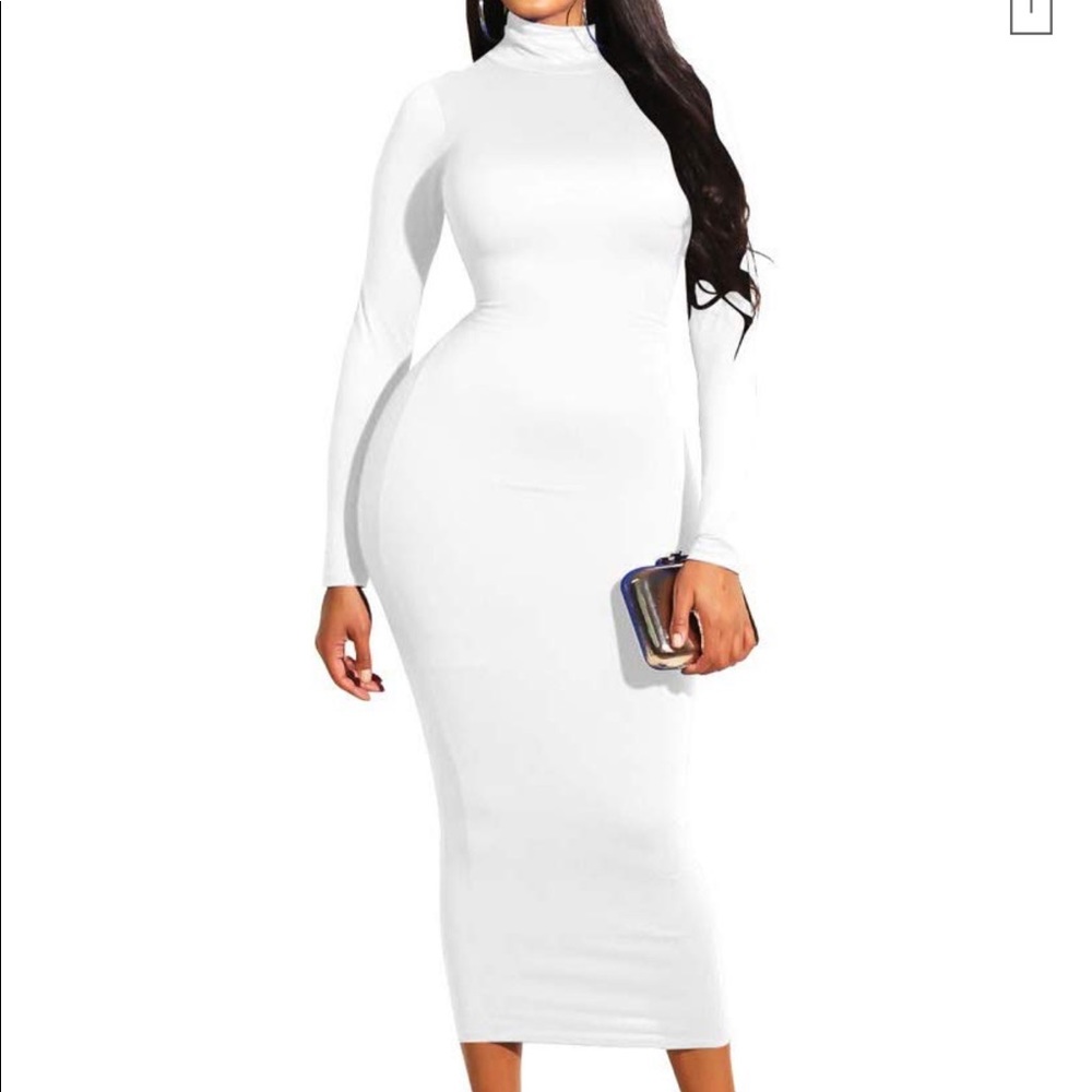White long sleeve bodycon  turtleneck dress